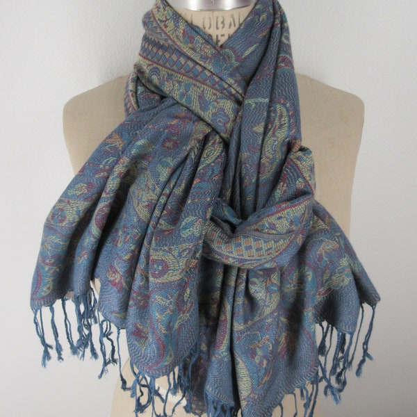 Denim blue Baroque paisley tapestry scarf pashmina neck wrap long fringed shawl bespoke accessory warm winter muffler boho chic gift