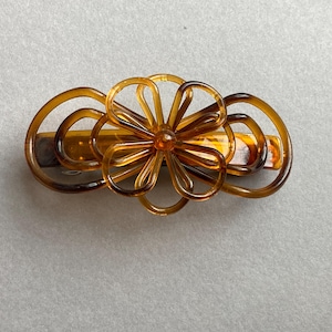 Vintage Faux Tortoise Flower Barrette Open Brown Acrylic Hair Clip