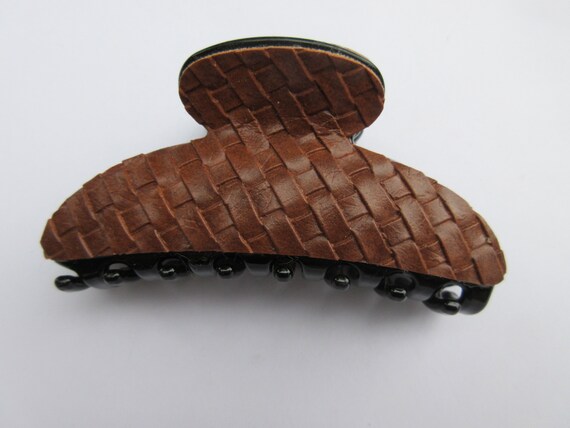 Large Faux Leather Jaw Clip Brown Basketweave Hair Claw Simple Etsy