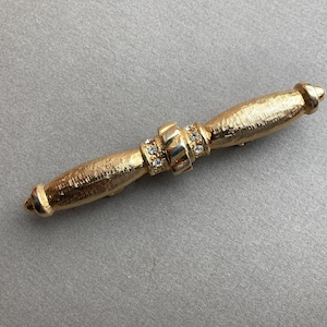 Vintage Sculpted Rhinestone Bar Barrette Gold Tone Metal Etched Clip image 1