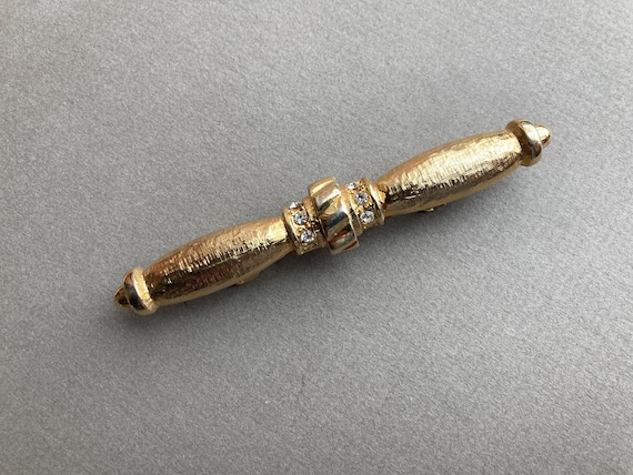 Vintage Sculpted Rhinestone Bar Barrette Gold Tone Metal Etched Clip