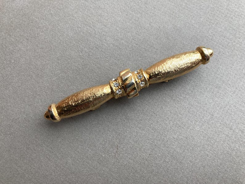 Vintage Sculpted Rhinestone Bar Barrette Gold Tone Metal Etched Clip image 1