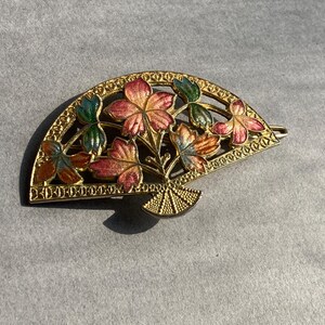 Vintage Fan Barrette Gold Tone Metal Floral Cloisonne Hair  display picture 1
