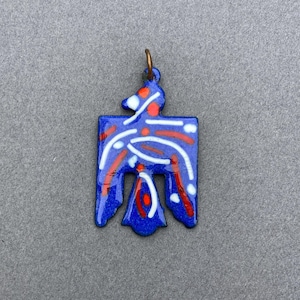 Vintage copper enamel Thunderbird Pendant Red white blue abstract bird bohemian enamelware Necklace pendant