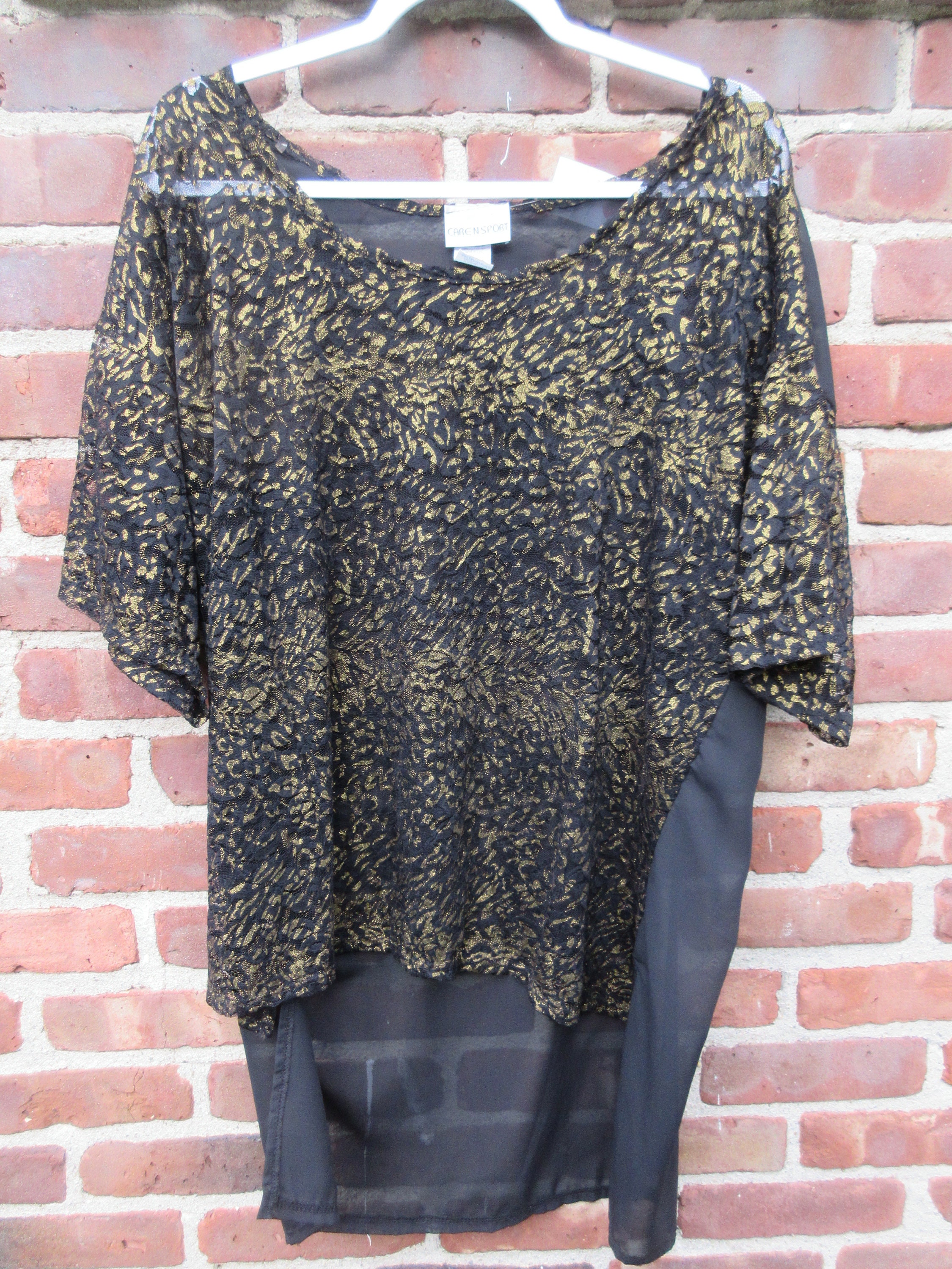 Sheer Vintage Black Top Oversized Lace Chiffon Blouse Os Caren Sport