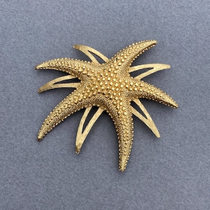 Vintage Starfish brooch Stylized Monet Layered Gold tone metal cutout Nautical Shell Seashell pin