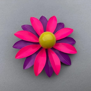 Vintage Enamel flower hair clip large bright pink purple floral barrette metal pin curl clip