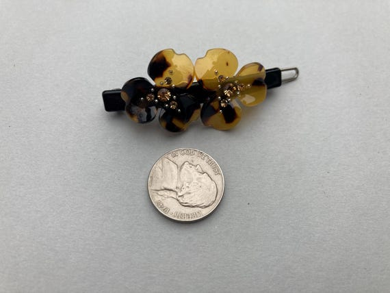 Vintage Faux Tortoise Floral Barrette Brown Rhine… - image 5
