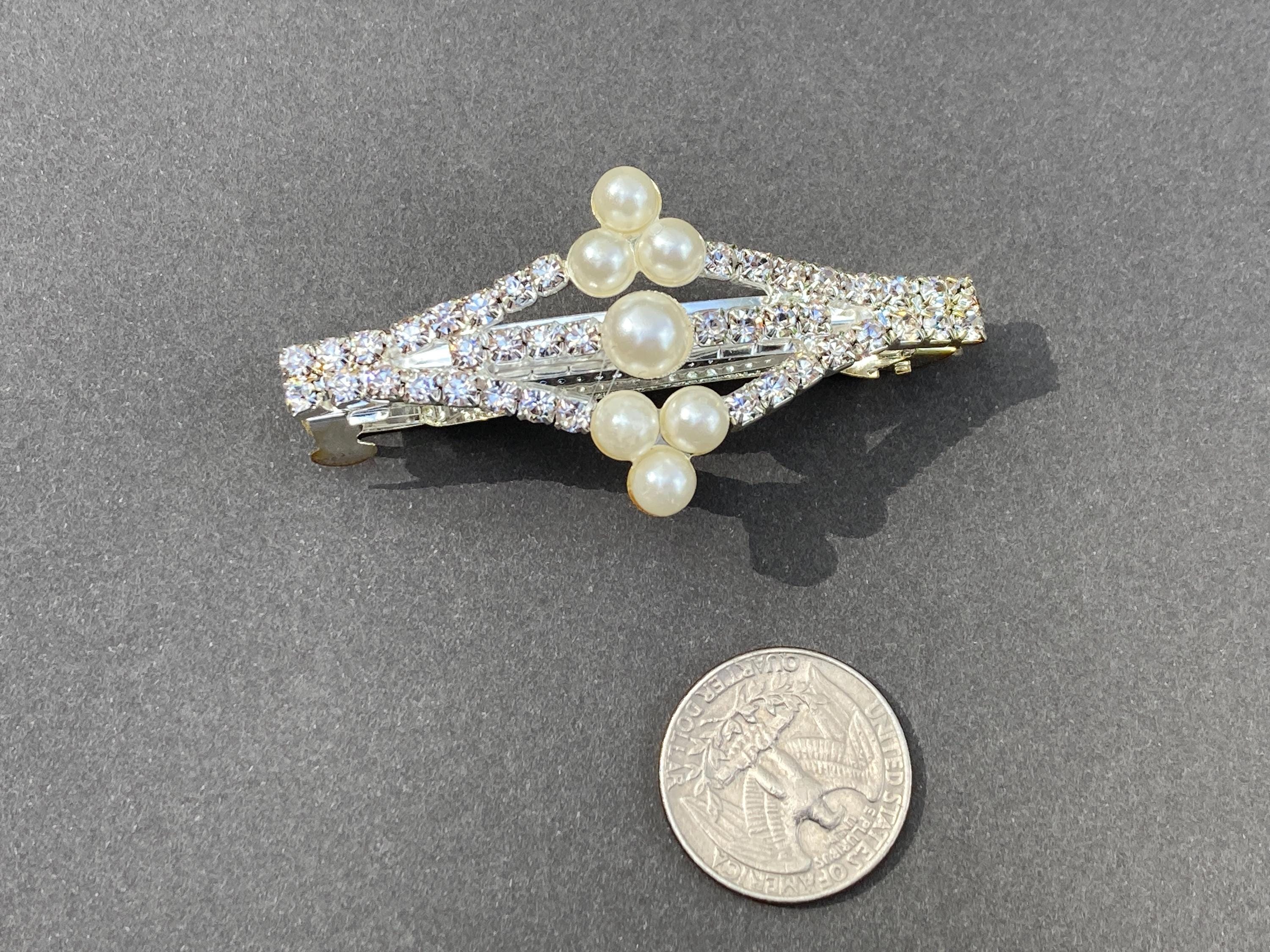 Pearl & Rhinestone Silver-Tone Classic Vintage Hair Barrette Pearl Swarovski Rhinestone Crystal Hair Barrette | Symila  main image 3