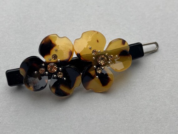 Vintage Faux Tortoise Floral Barrette Brown Rhine… - image 3