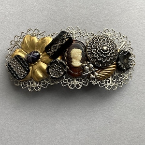 Vintage Handmade Cameo Collage Barrette Mixed Metal Filigree Gold Silver Hair Clip Clasp