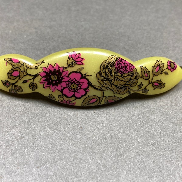 Yellow vintage barrette small scalloped plastic pink gold floral hair clip cottage core accessory NOS