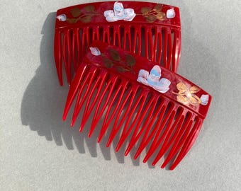 Vintage Red Floral Hair Comb Set: Hand-Painted Acrylic France NOS