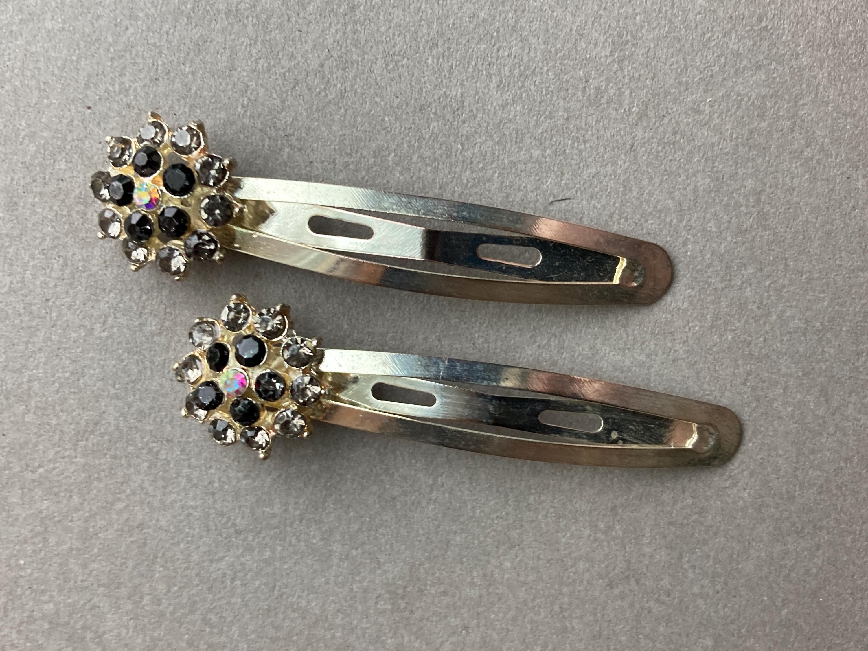vintage double floral silver-tone metal and black & silver rhinestones hairclip Vintage Tanzanite Swarovski Crystal Floral Barrette for  main image 3