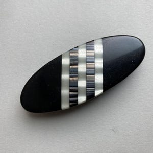Vintage Inlaid Shell MOP Oval Barrette Chunky Black Stripe Seashell Hair Clip