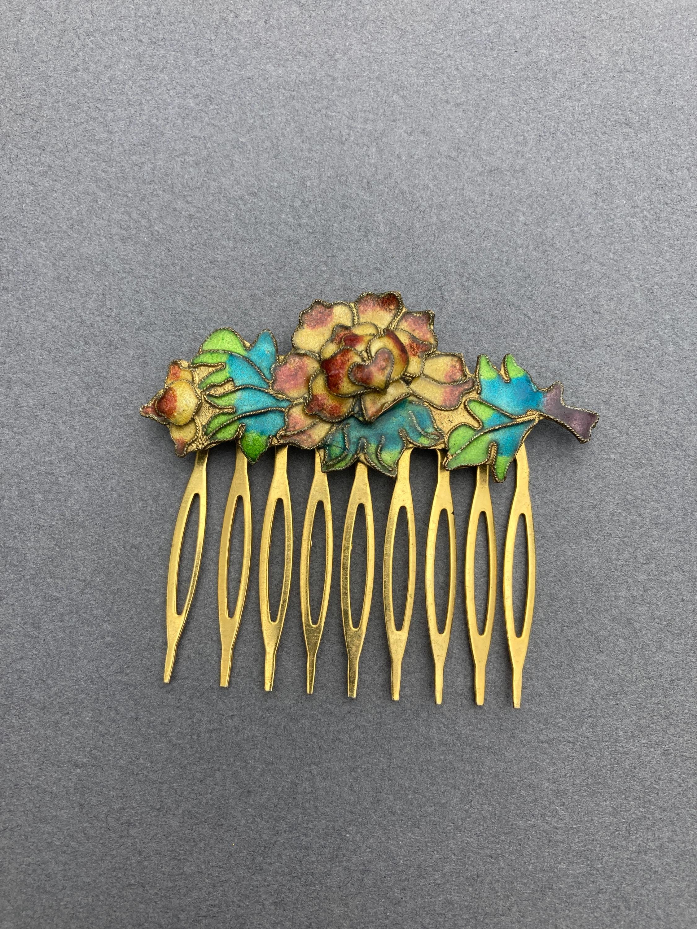 Vintage Chinese Cloisonne Hair Combs floral design Vintage Cloisonne Enamel Hair Comb - Cynthia main image 4