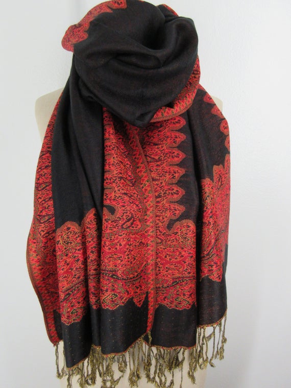 red black scarf Pashmina paisley neck wrap dark dramatic shawl | Etsy