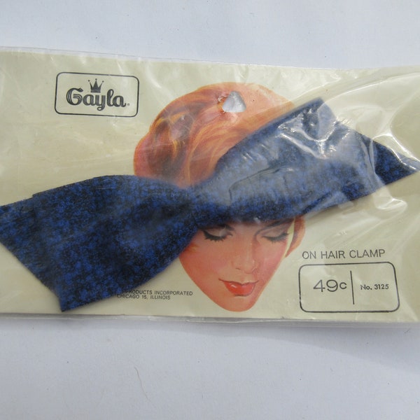 Vintage check Bow hair clip large blue black tweed check fabric bow alligator clip NOS Gayla hair pin