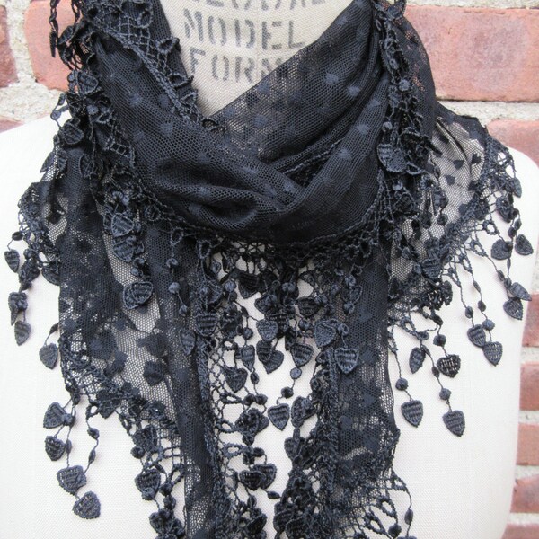 Black Lace scarf Romantic neck wrap heart Fringed Soft Sheer bohemian shawl bespoke accessory Boho chic frilly urban dramatic dressy Gift