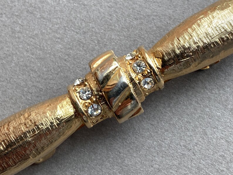 Vintage Sculpted Rhinestone Bar Barrette Gold Tone Metal Etched Clip image 3