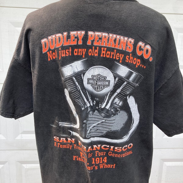 Vintage distressed Dudley Perkins Co Harley 1997 t shirt black biker San Francisco motorcycle tee well worn L