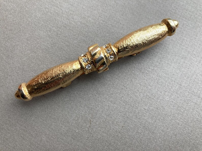 Vintage Sculpted Rhinestone Bar Barrette Gold Tone Metal Etched Clip image 4