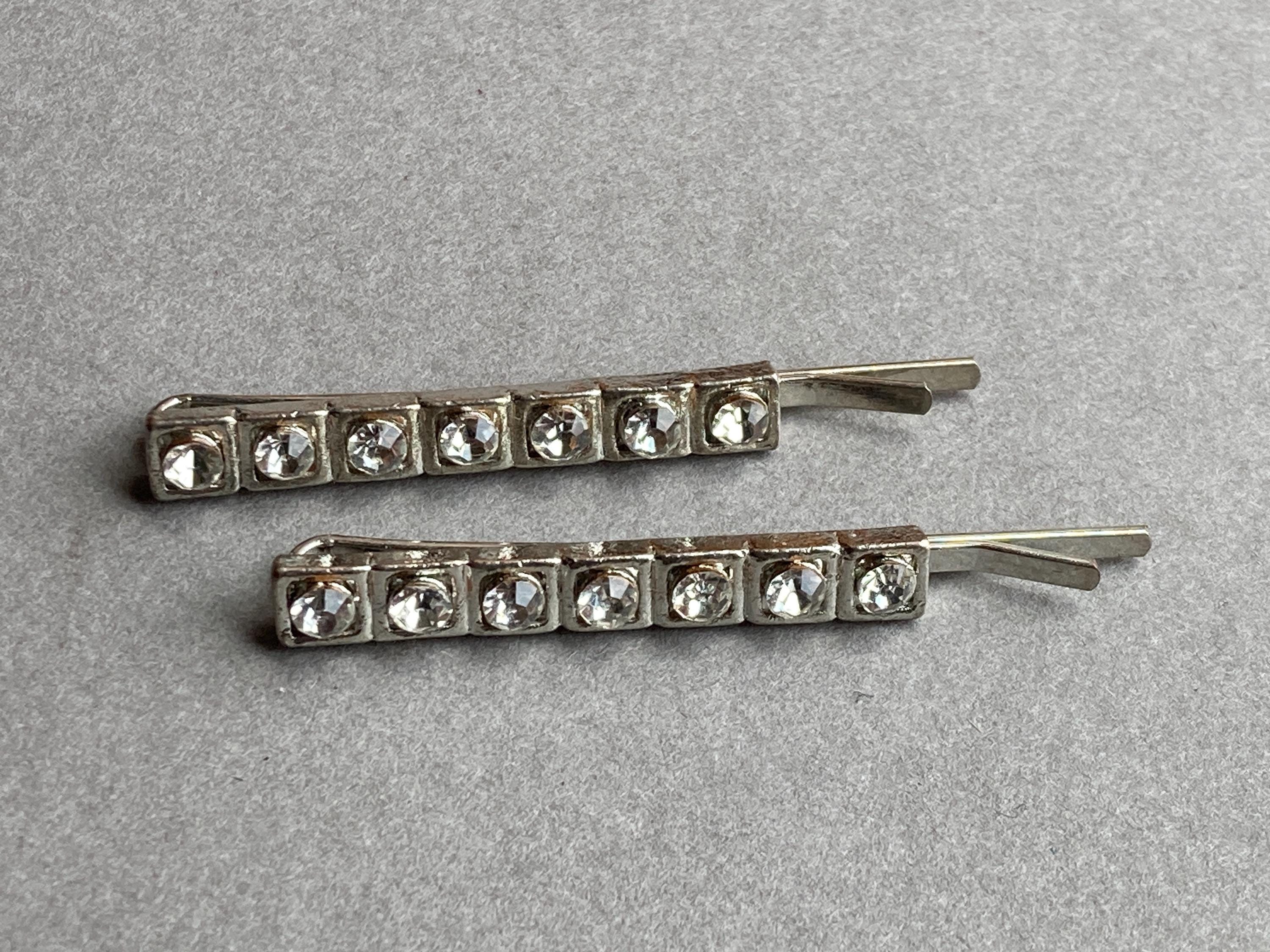 Vintage Clear Rhinestone Bobby Pins: Silver Tone Hair Pin 