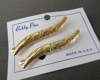 Simple Vintage Etched Flower bobby pin set Gold tone Metal cutout hair pins clip set slide Pair NOS