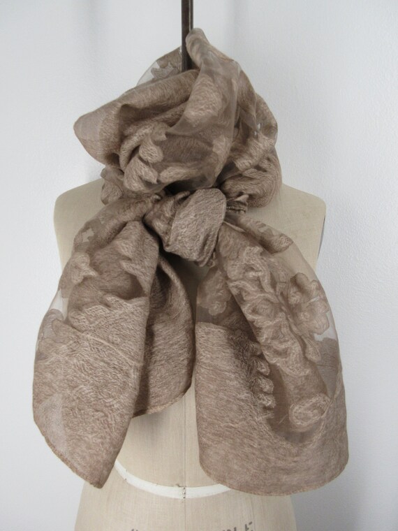 Dark Beige Scarf Elegant Neck Wrap Sheer Scroll Long Dressy Etsy