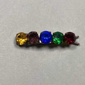 Vintage Rhinestone Bar Barrette Small Round Rainbow Stone Hair Clip