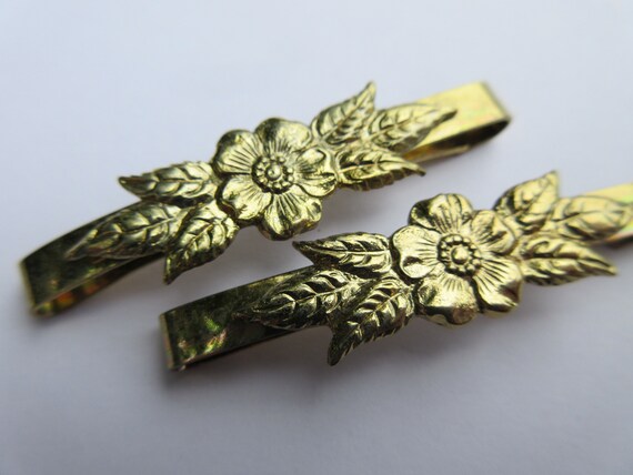 Vintage flower barrette set Gold tone metal flora… - image 4