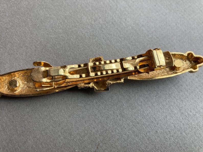 Vintage Sculpted Rhinestone Bar Barrette Gold Tone Metal Etched Clip image 7