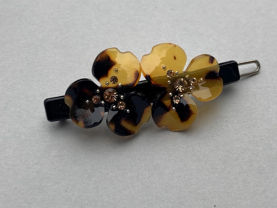 Vintage Faux Tortoise Floral Barrette Brown Rhine… - image 1