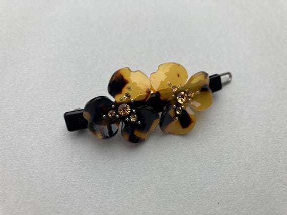 Vintage Faux Tortoise Floral Barrette Brown Rhine… - image 4