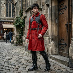 Mens Red Cowhide Leather Long Coat Black Studded Harness Statement Gothic Steampunk Trench Vampire Jacket Punk Larp Cosplay Riding Clothing