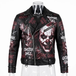 Jaqueta de couro masculina de palhaço maligno, estilo punk gótico streetwear, para Halloween, terror, motociclista, cosplay de pesadelo, roupa de bobo da corte, top de piloto de moto.