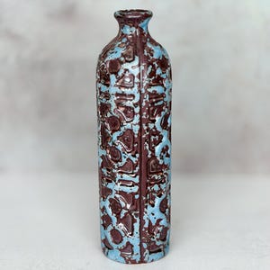 West German Fat Lava Vase: Blue Brown Geometric Relief, Mid Century Modern Stoneware