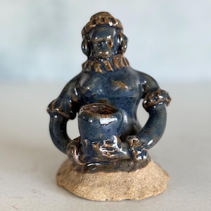 Vintage Southern Folk Art Pottery Figural Candle Holder Match Striker – Blue & Brown Glazed Stoneware