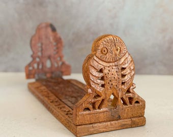 Vintage Hand Carved Rosewood Expanding Book Rack | Owl Ends, Sliding Bookends