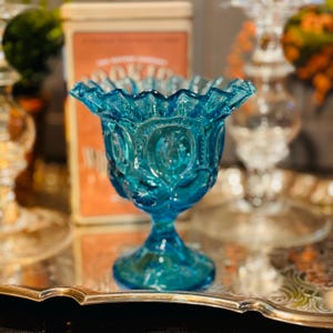 Vintage Moon & Stars Blue Candy Dish Footed Compote Bowl Mid Century Modern Era in the manner of LE Smith Glass Company