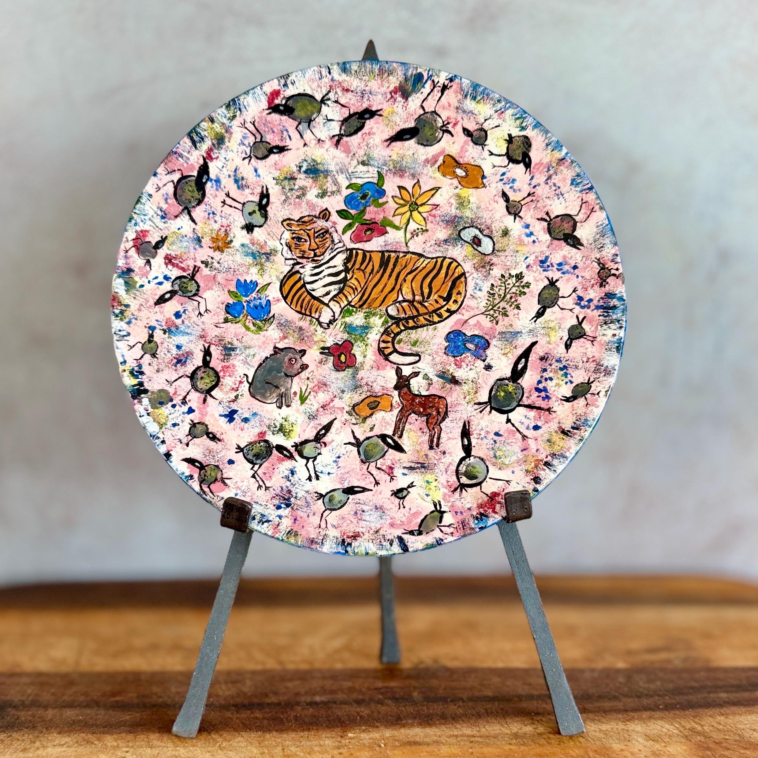 One of Kind Hand-Painted Animal Folk Art Tiger Ceramic Plate