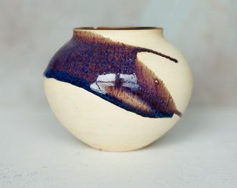 Robert C Fritz Stoneware Vase | San Jose State Studio Pottery | Cream Cobalt Purple Drip Glaze | Signed Fritz | MCM American Studio Ceramics