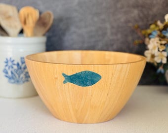 Vintage Clay Art Segmented Wood Salad Bowl | Teal Fish, Coastal Decor