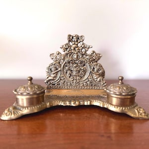 Antique Brass Double Inkwell Desk Set with Cherubs – Ornate Victorian Letter Holder