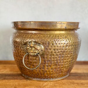 May include: A round, hammered brass planter featuring a wide, flat rim and a textured, dimpled surface. On the side, a decorative brass lion head mount holds a circular metal ring handle, providing a distinct accent to the metallic vessel.