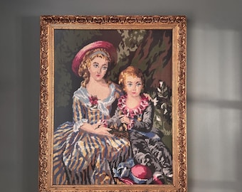 Large Victorian Needlepoint Crewel Fiber Art — Ornate Gold Gilt Frame