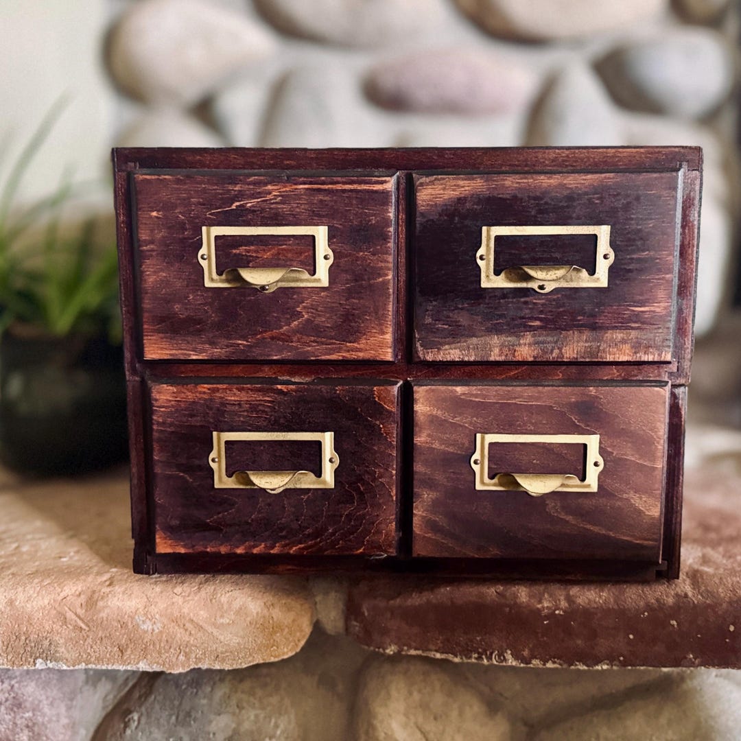 Vintage Wood Card Catalog Drawer Chest With Brass Pulls & Copper Color