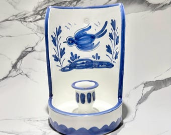 Blue and White Ceramic Candlestick Holder - Made in Spain
