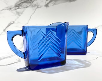 Sucre bleu cobalt art-déco + crémier - Hazel Atlas Chevron Ritz Blue