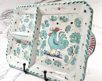 ヴィンテージ イタリア製 手描き陶器 仕切り付きサービングトレイ - 農民の村 - グリーン デルータ 雄鶏